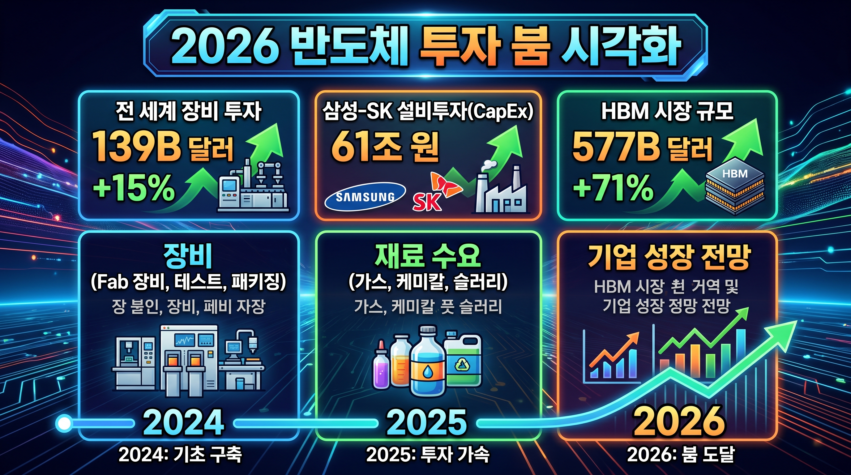 2026년 반도체 투자 폭발: 글로벌 장비 139억 달러(+15%), 삼성·SK 캐팩스 61조 원(+20%), HBM 시장 77% 폭증. 소재 수요 동시 증가