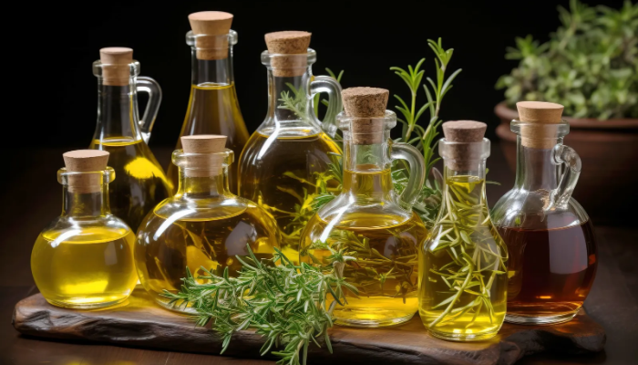 다양한 유리병에 담긴 올리브오일