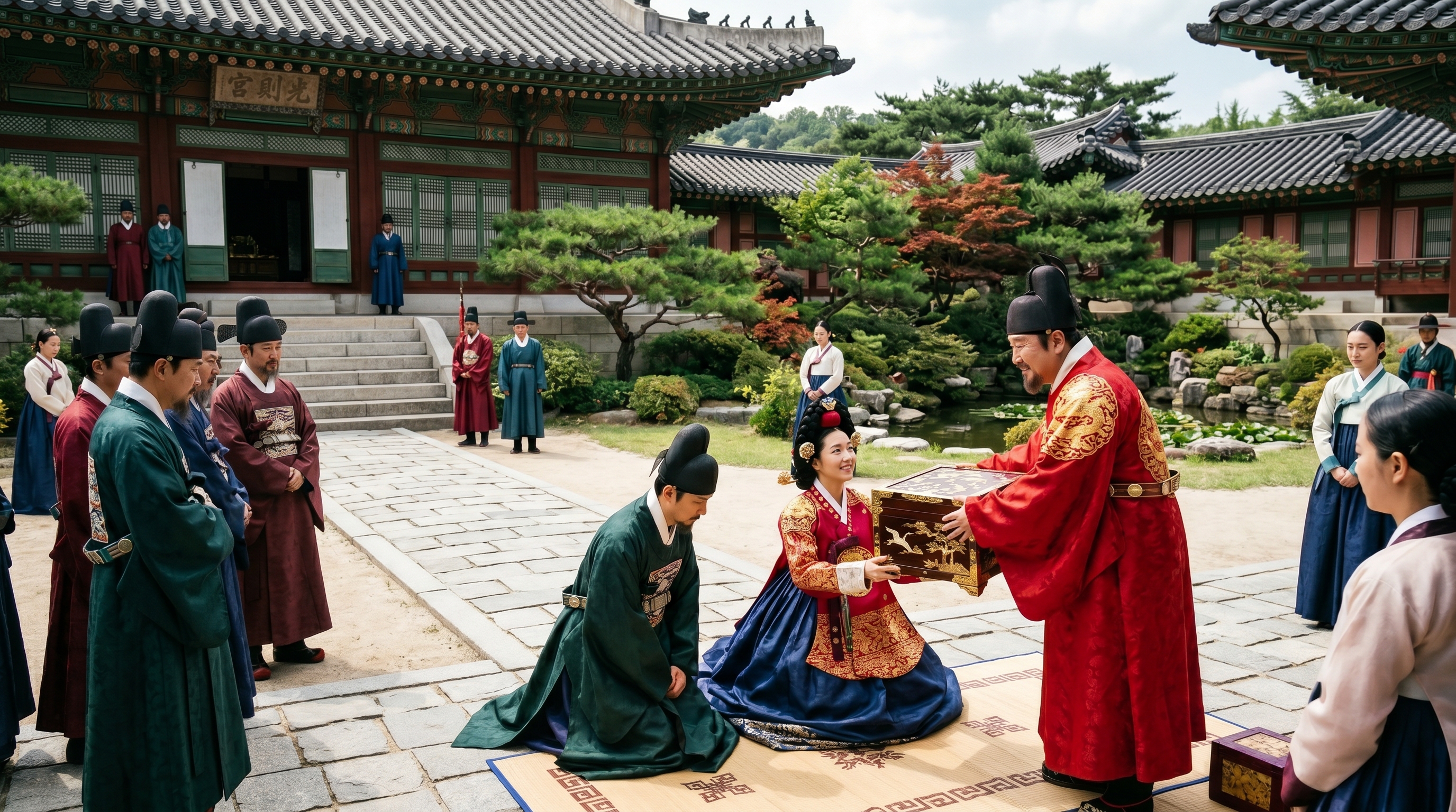 중종이 사림파 숙청의 혼란 속에서도 자녀들에게 유독 관대하여 호화로운 집을 하사한 것에 대한 사관들의 비판적 기록. 장녀 효혜공주의 호화로운 사저 마당에서 공주와 사위가 왕에게 관대한 하사를 받는 모습