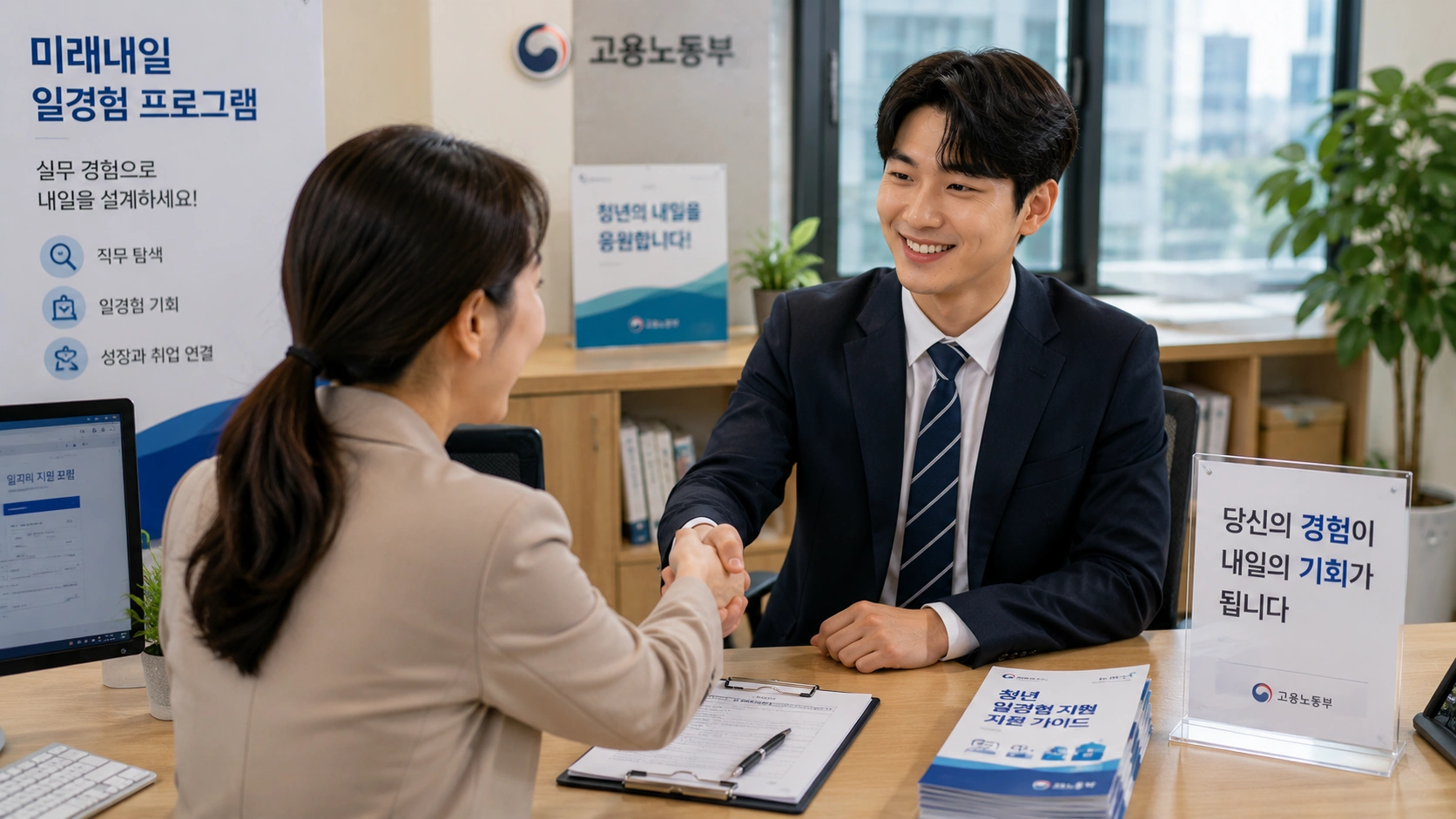 미래내일 일경험 프로그램을 마친 후 취업 상담을 통해 진로를 설계하고 새로운 기회를 준비하는 한국인 청년의 모습