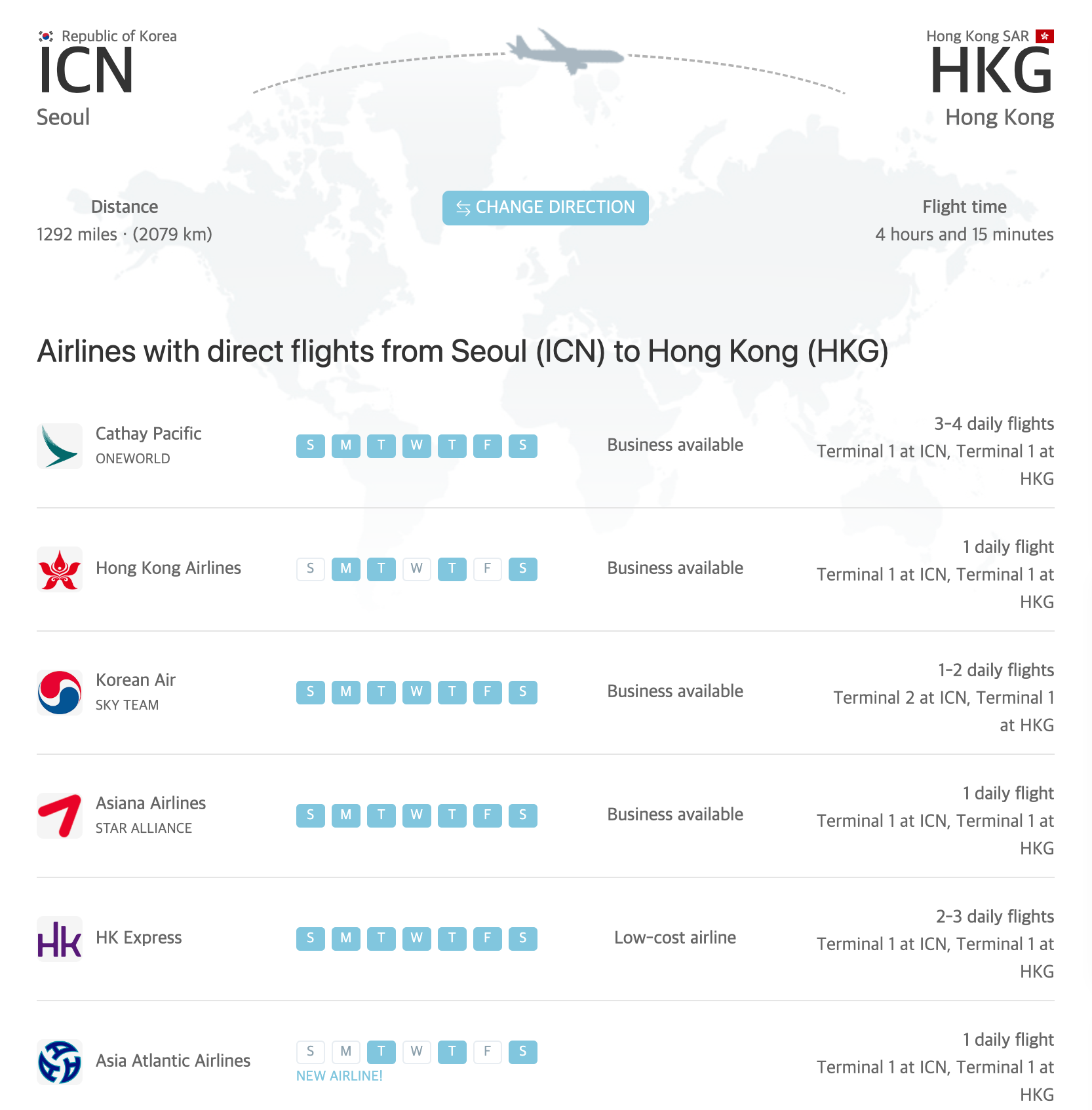 홍콩 비행노선 및 시간