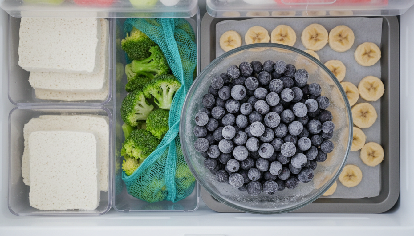 냉동하면 영양이 더 풍부해지는 블루베리, 두부, 브로콜리 등 건강 식재료들이 신선하게 보관된 모습
