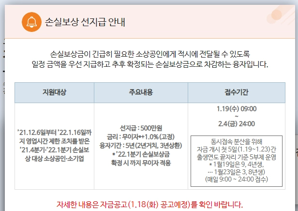 소상공인 손실보상 선지급 안내 팝업