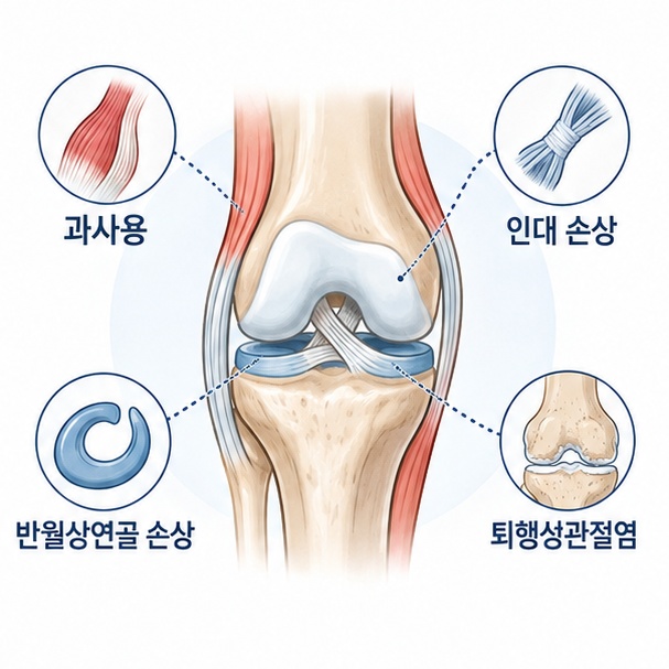 과사용과 힘줄 문제, 인대 손상, 반월상연골 손상, 퇴행성관절염이 무릎통증을 일으킬 수 있음을 보여주는 그림