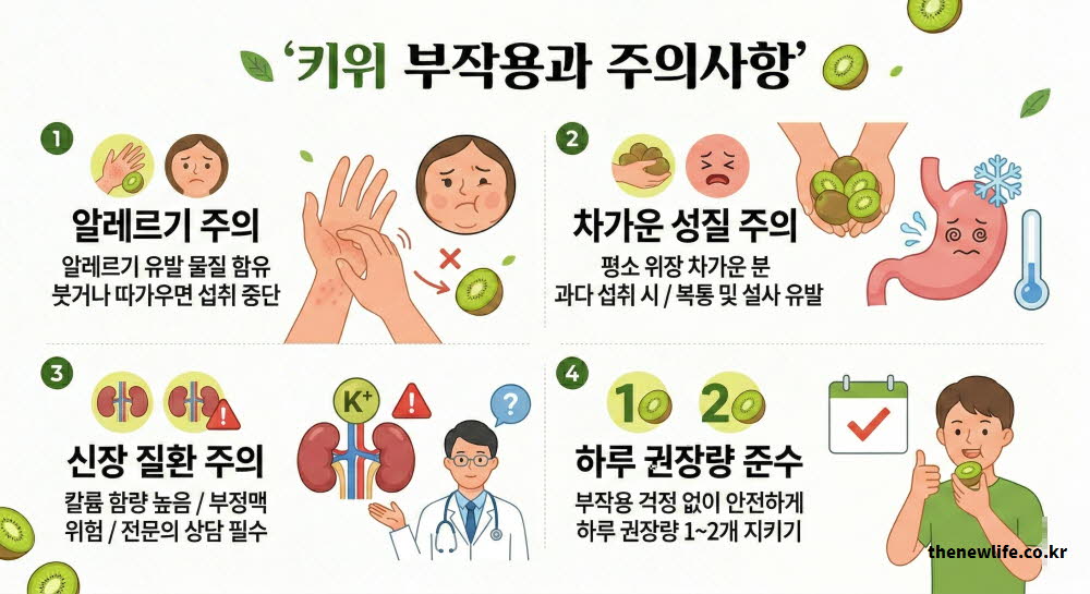 키위 효능 이면에 체질에 따라 발생할 수 있는 알레르기 등 부작용과 주의사항을 설명하는 이미지