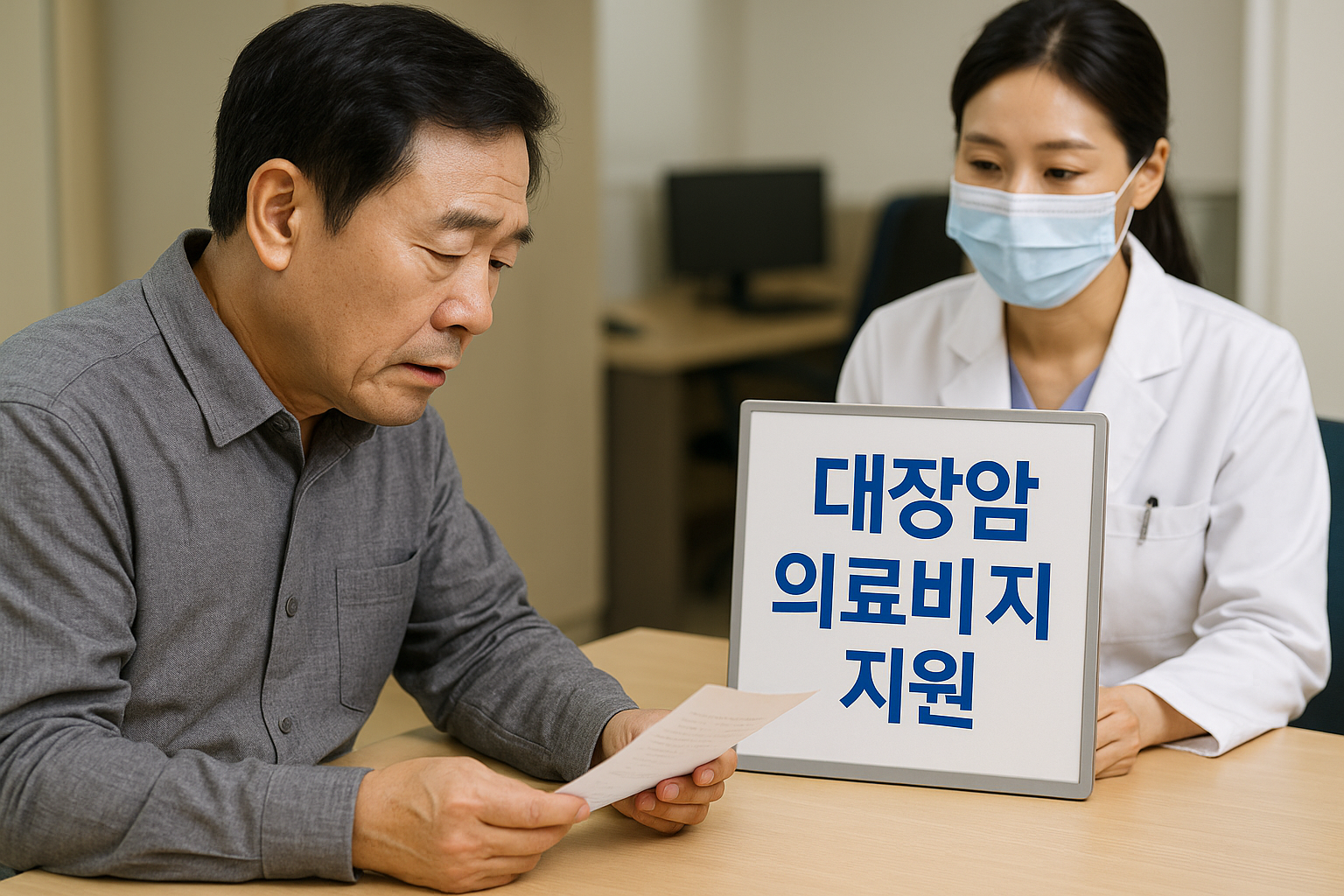 보건소에서 대장암 의료비 지원금 상담하는 중년 남성 