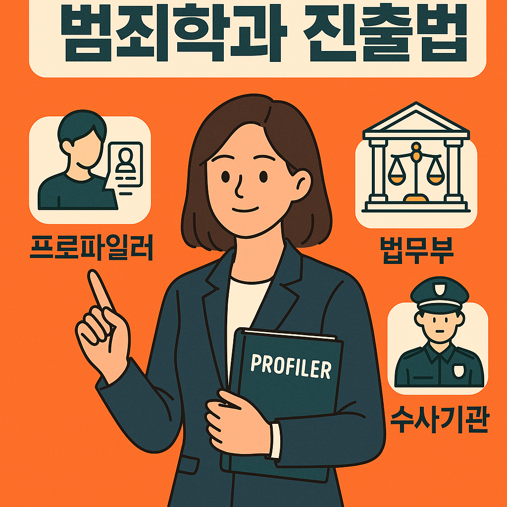 범죄학과 진출법을 주제로 프로파일러, 법무부, 수사기관 직무를 다크 오렌지 배경과 함께 구성한 일러스트 포스터]