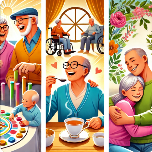 치매 환자의 고립감 해소 방법
사회 활동(왼쪽)-치매 환자가 또래들과 함께 가벼운 활동에 참여하는 모습.
대화(가운데)-차를 마시며 편안하게 이야기 나누는 장면.
정서적 교감(오른쪽)-가족이 환자를 안아주며 따뜻하게 교감하는 모습