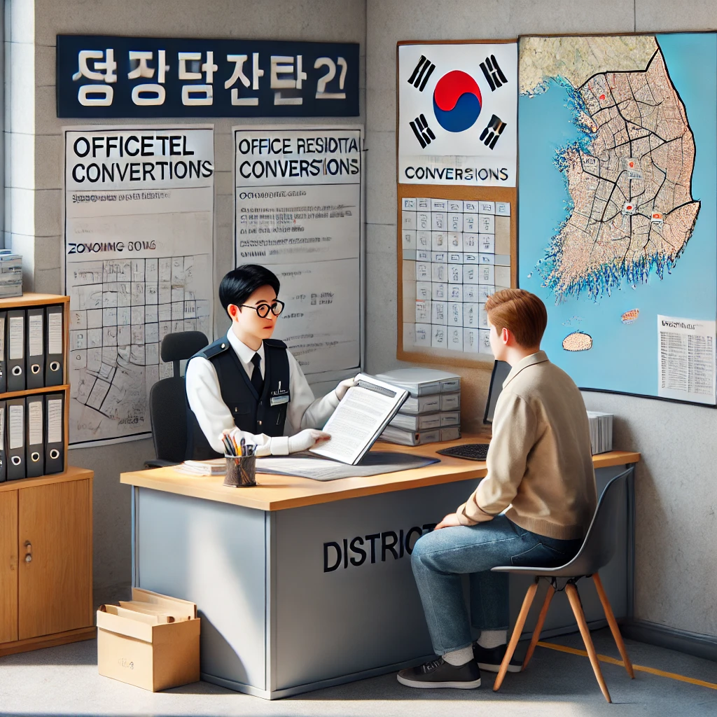 구청 건축과에서 지구단위계획 확인 상담 중인 장면