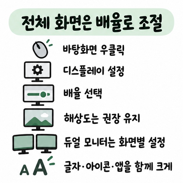 Windows 디스플레이 설정에서 배율을 조절하고 화면 해상도는 권장 값을 유지하는 방법을 보여주는 카드