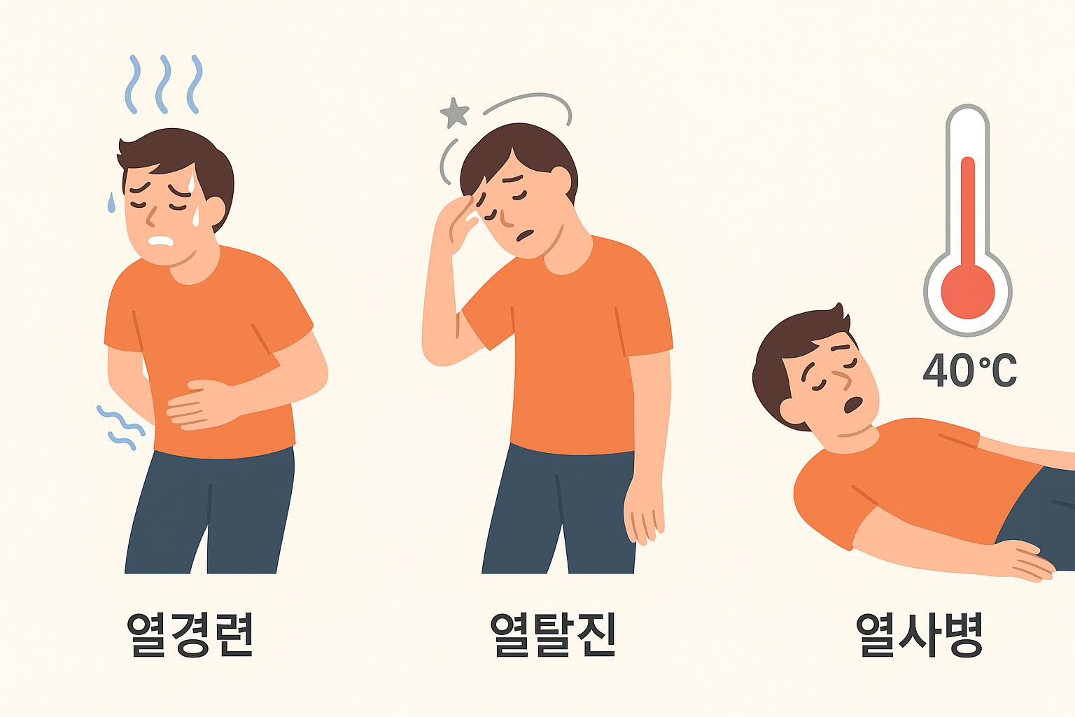 열경련, 열탈진, 열사병 각 단계의 증상을 보여주는 일러스트, 점점 심각해지는 남성 캐릭터
