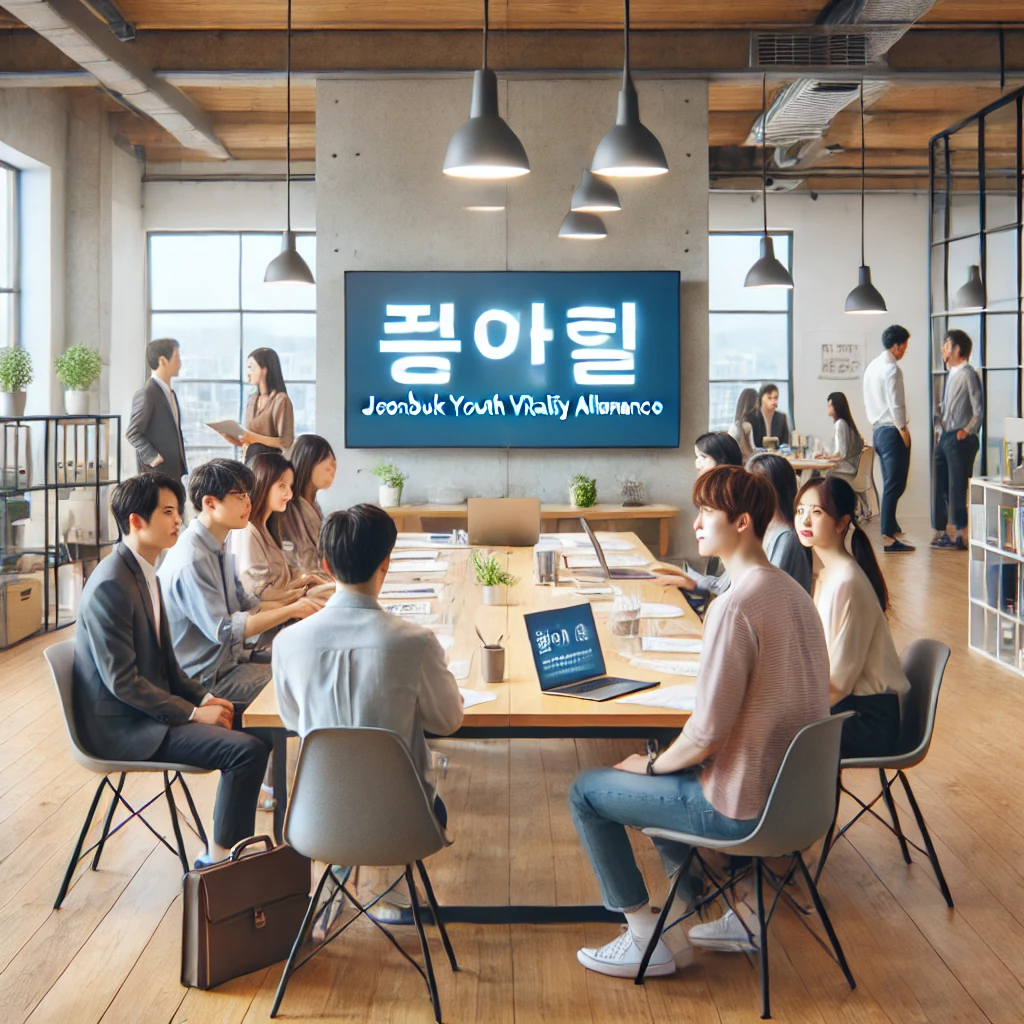한국의 현대적인 사무실에서 청년들이 취업 준비와 경력 상담을 하는 모습. 밝고 따뜻한 분위기의 공간에서 노트북, 이력서, 구직 관련 자료가 테이블에 놓여 있으며, 대형 화면에는 '전북형 청년활력수당'이라는 메시지가 표시되어 있어 청년 구직자들에게 희망을 전하는 장면.