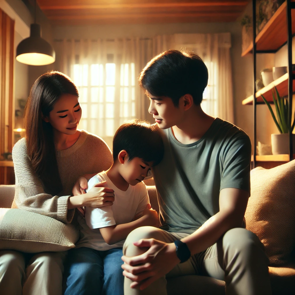 가족이 거실의 안락한 소파에 앉아 서로를 껴안고 아이의 성취를 축하하는 장면. 부모의 따뜻한 격려와 사랑이 담긴 모습&amp;#44; 아늑한 조명이 분위기를 완성.