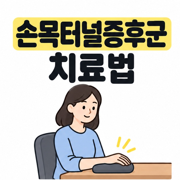 손목터널증후군 치료법 제목 아래 의자에 앉아 받침 위에서 손목을 편안하게 쉬는 사람을 배치한 대표 이미지