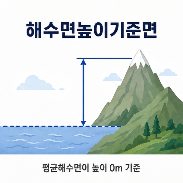 평균해수면을 0m 기준으로 산과 육지의 해발 높이를 측정하는 해수면높이기준면 개념을 표현한 이미지