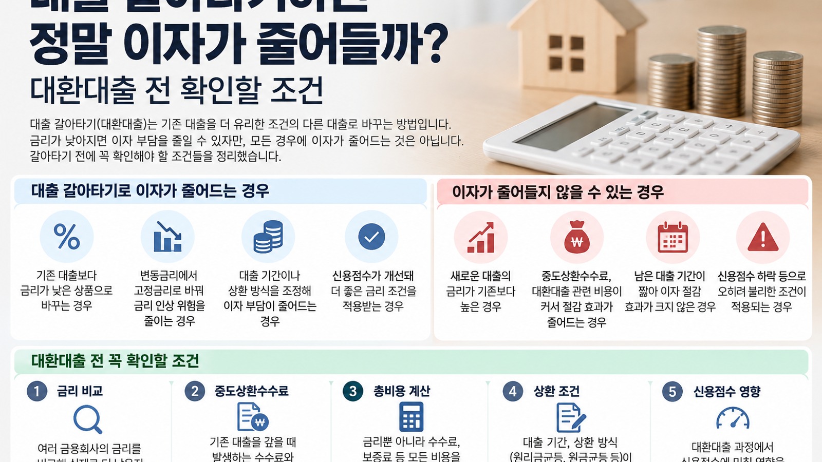 대출 갈아타기 시 이자 절감 조건과 중도상환수수료 등을 정리한 금융 인포그래픽