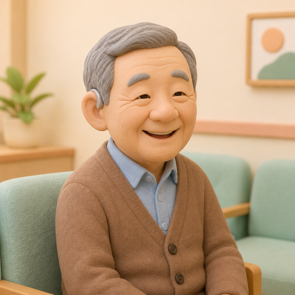 이비인후과 대기실에서 귀에 보청기를 낀 채 웃는 70대 남성