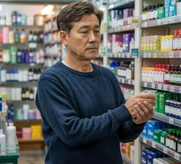 약국에서 영양제를 고르고 있는 50대 남성