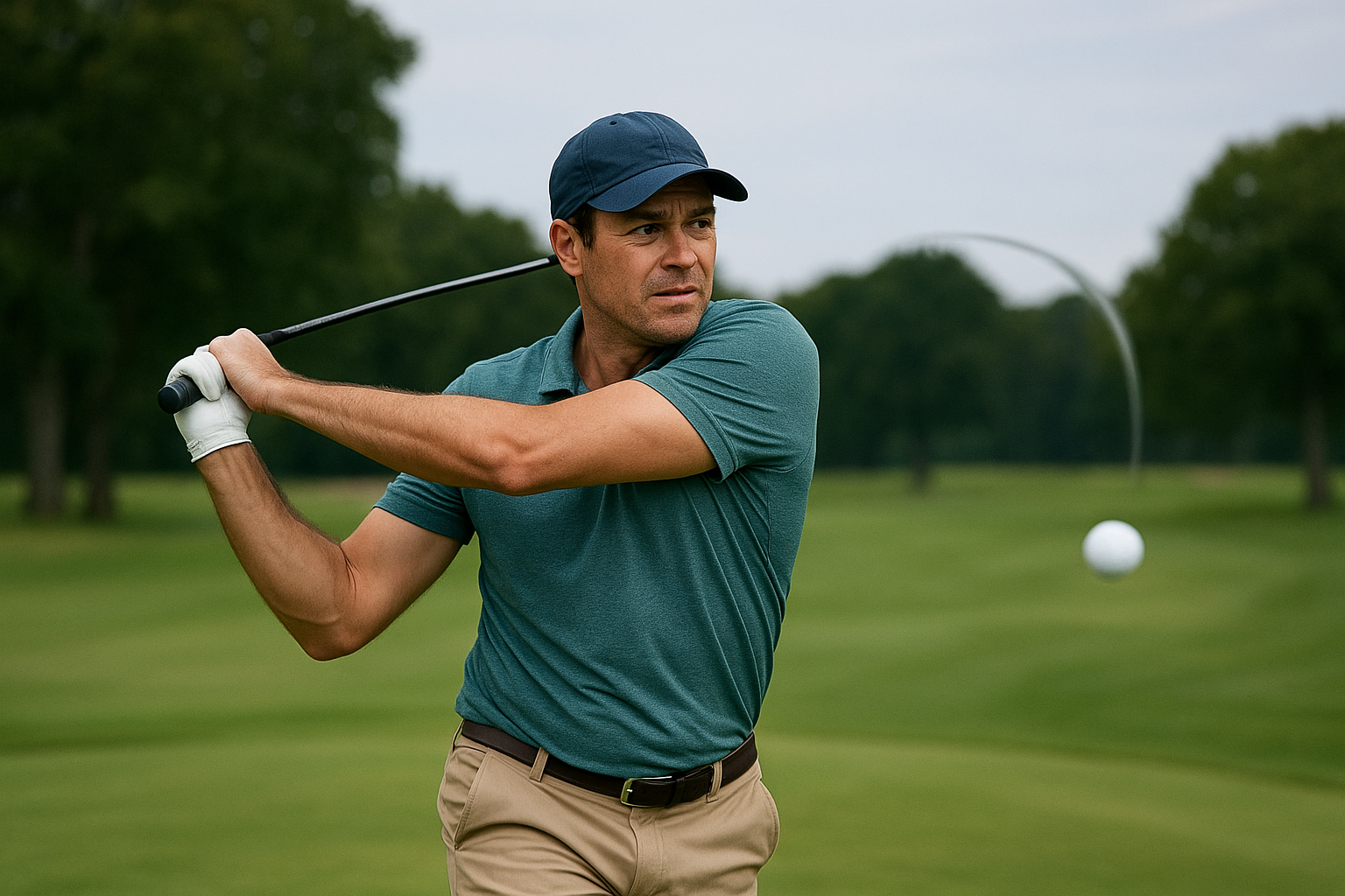 남자 아마추어 골퍼 드라이버 훅으로 날아가는 모습