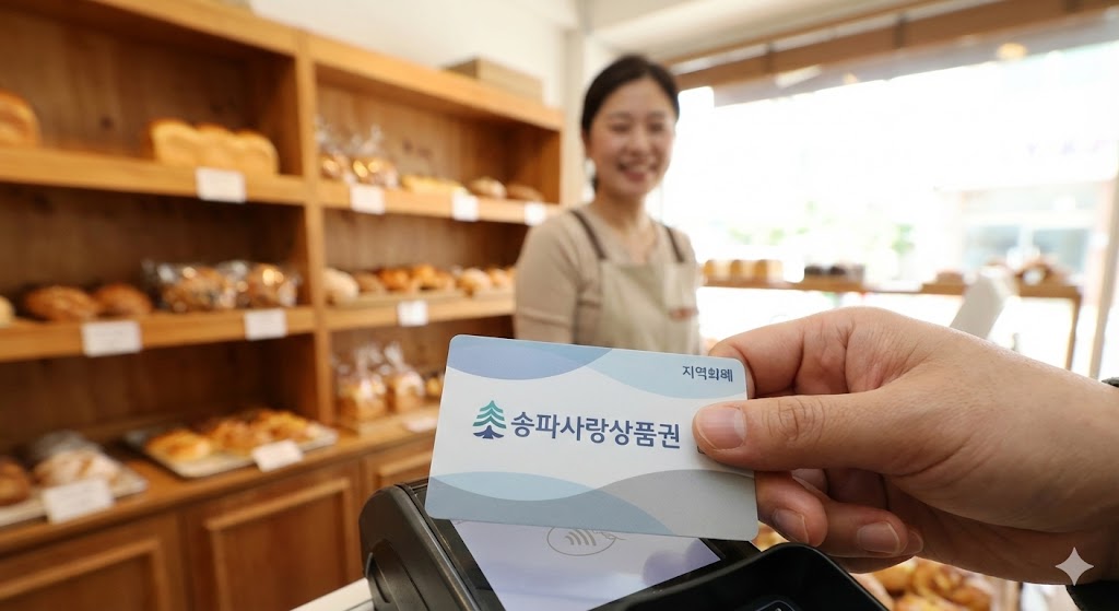 지역화폐 카드로 동네 식료품점에서 결제하는 손. 지역 경제 활성화를 위한 민생안정지원금 사용 장면을 보여줍니다.