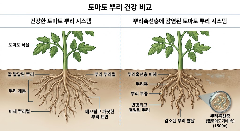 토마토 뿌리의 건강한 상태와 뿌리혹선충에 감염된 상태를 구별하여 보여주는 설명 그림