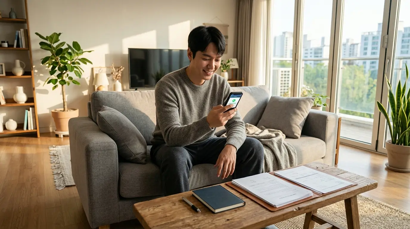 불법 사금융 피해를 방어하기 위해 비대면 자산 구제 비교 플랫폼으로 합법적 자금선을 가동하고 안도하는 한국인 가장의 모습