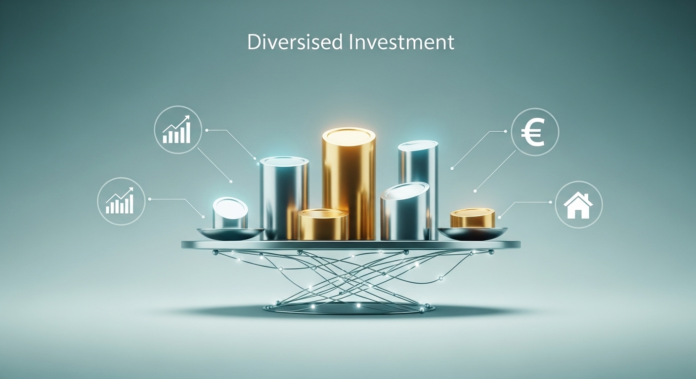 백금, 금, 은 등 다양한 귀금속 자산이 주식, 채권, 부동산 아이콘과 함께 균형 잡힌 포트폴리오를 이루는 추상적인 분산 투자 개념 그림.