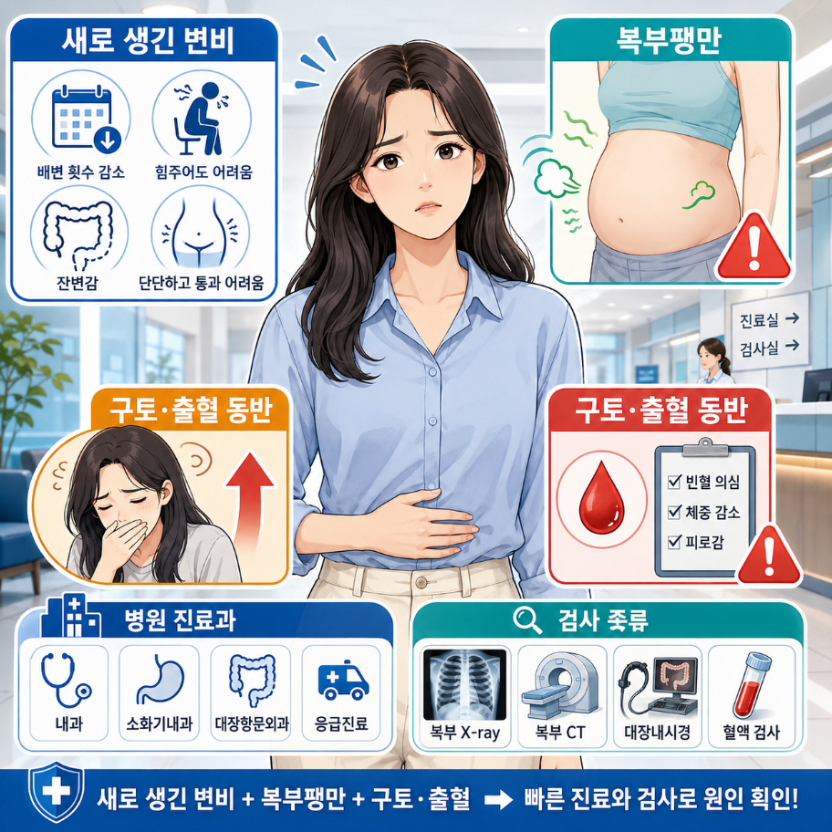 새로 생긴 변비와 복부팽만에 구토·출혈이 동반될 때 진료과와 검사 종류 안내