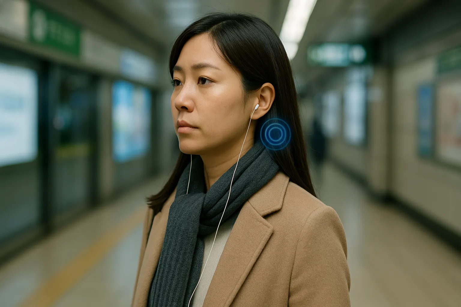 지하철 승강장 같은 공공장소에서 천천히 걷는 한국인 여성, 고개를 고정한 채 앞을 응시하는 모습