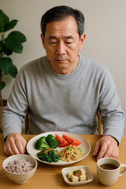 뇌졸중 환자를 위한 저염&middot;저지방 식단을 바라보는 중년 남성(출처: 자체제작)