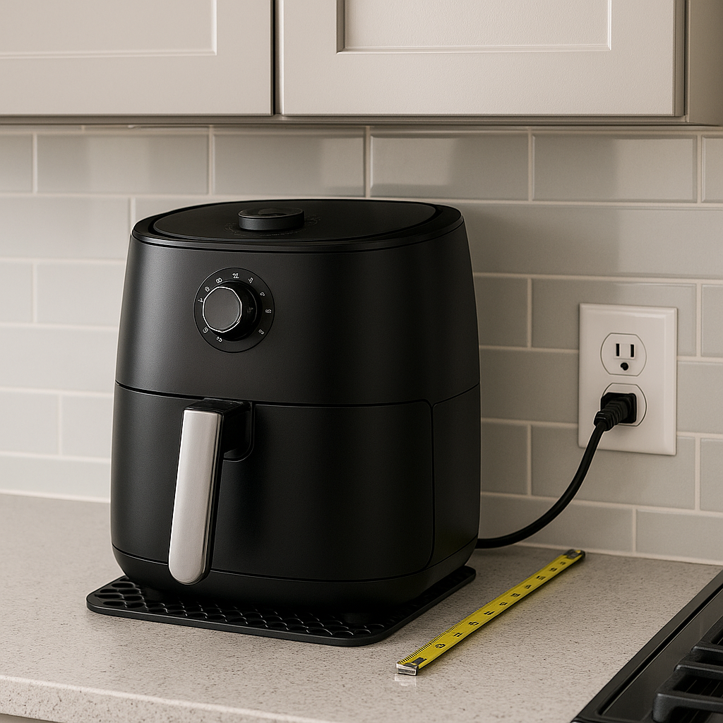 상부장과 벽에서 안전 간격을 확보해 설치한 에어프라이어와 길이 자
