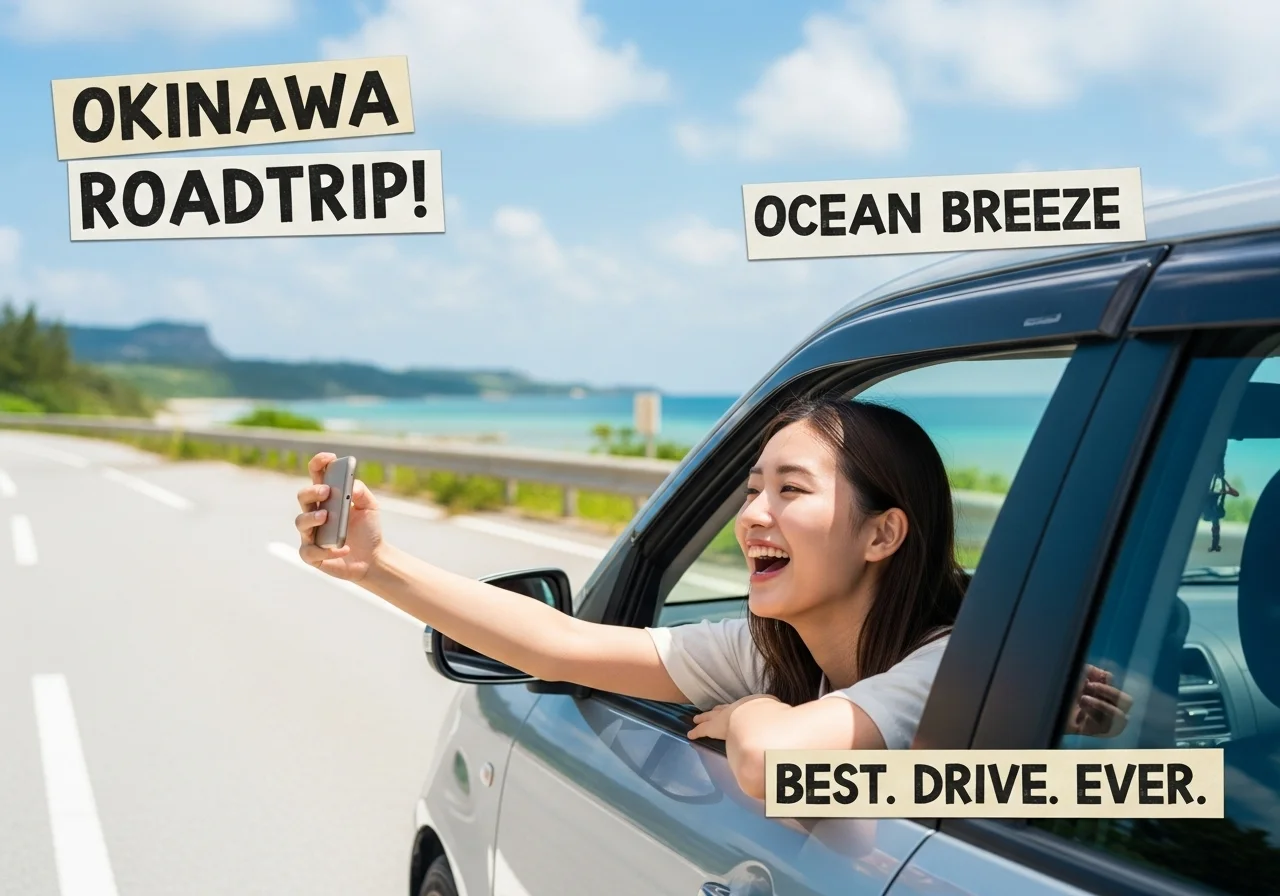 오키나와 렌트카를 이용해서 멋진 오키나와 해안드라이브를 즐기는 인스타그램용 포스트