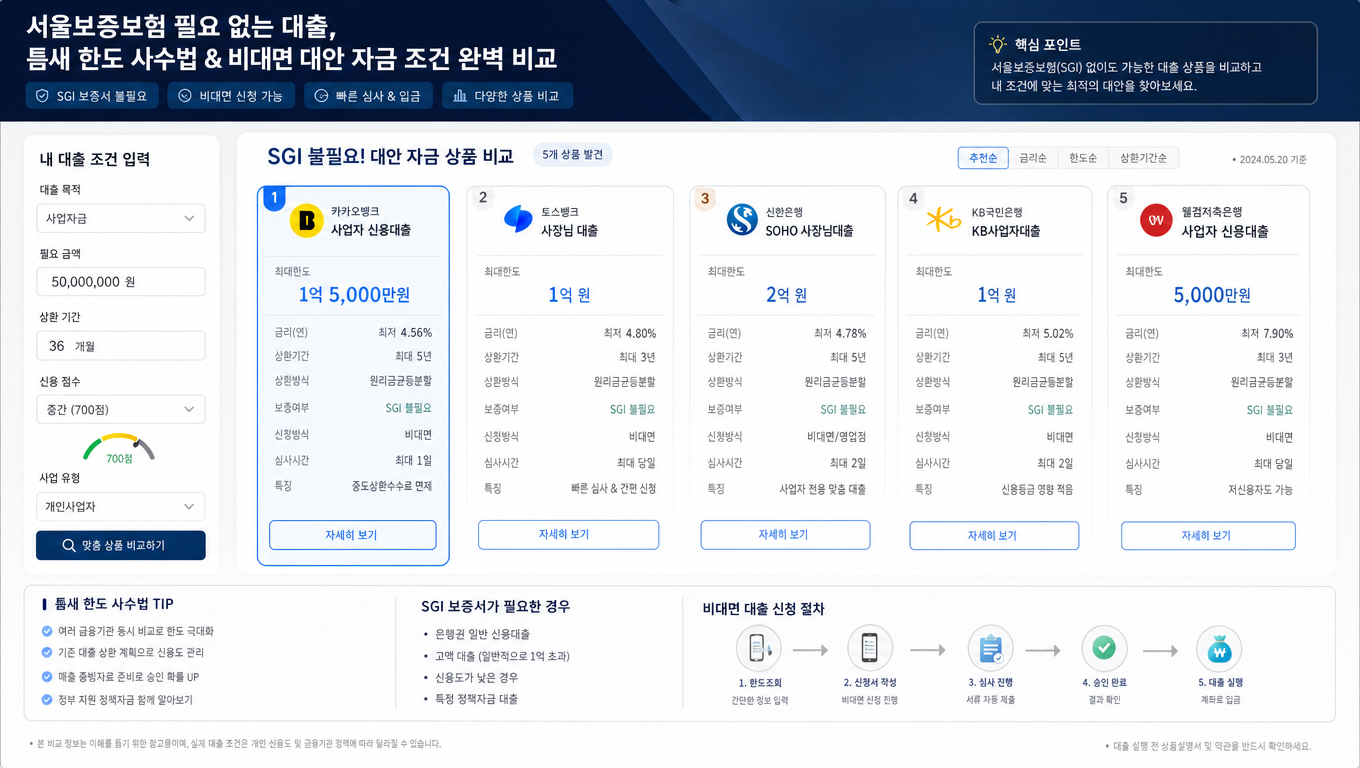 서울 보증 보험 필요 없는 대출 틈새 한도 사수법과 비대면 대안 자금 조건을 금융 플랫폼으로 완벽하게 비교하는 모습