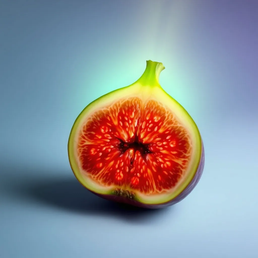 무화과 단면에서 푸른색 또는 시원한 느낌의 빛이 퍼져 나와 붉거나 뜨거운 느낌의 염증 세포를 가라앉히는 듯한 시각적 효과를 연출합니다. 차분하고 깨끗한 느낌의 색감을 사용하여 진정 효과를 강조합니다.