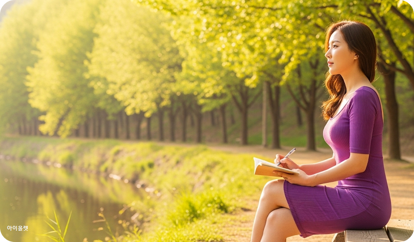 제방 옆 벤치에 앉아 사색하는 여주인공