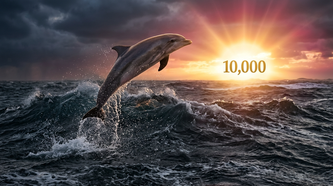 거친 파도를 뚫고 힘차게 도약하는 돌고래(지수)와 그 뒤로 찬란하게 떠오르는 10,000포인트의 태양