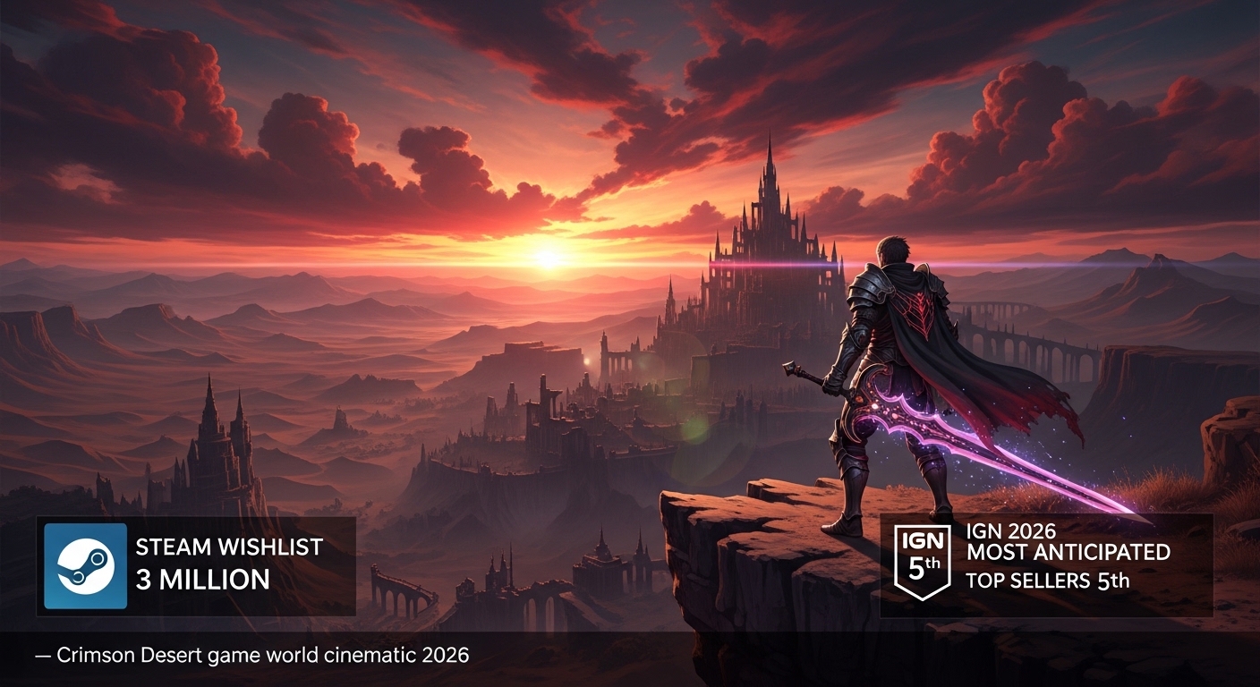 Crimson Desert game world cinematic 2026 dark desert landscape sunset red sky massive open world protagonist Cliff warrior armor sword standing cliff edge overlooking vast ancient ruins castle dramatic lighting volumetric clouds epic scale AAA quality Pearl Abyss BlackSpace engine bottom overlay badge Steam wishlist 3 million Top Sellers 5th IGN 2026 most anticipated English labels
