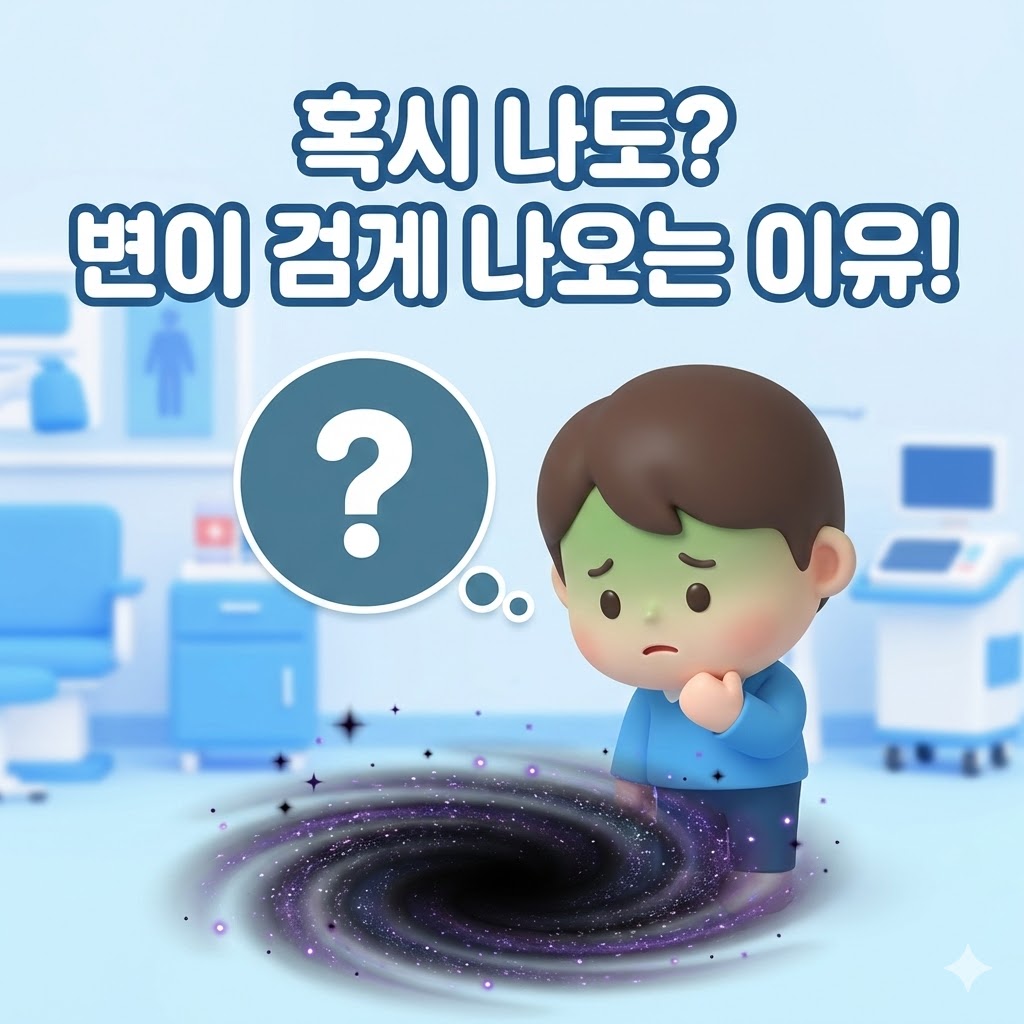 걱정스러운 표정의 귀여운 캐릭터가 검은 변을 바라보며 '혹시 나도? 변이 검게 나오는 이유!'라는 문구가 있는 3D 카툰 일러스트