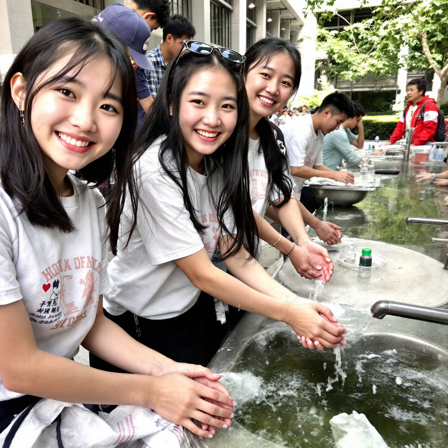 수돗가에서 손을 씻고 있는 아이들의 모습