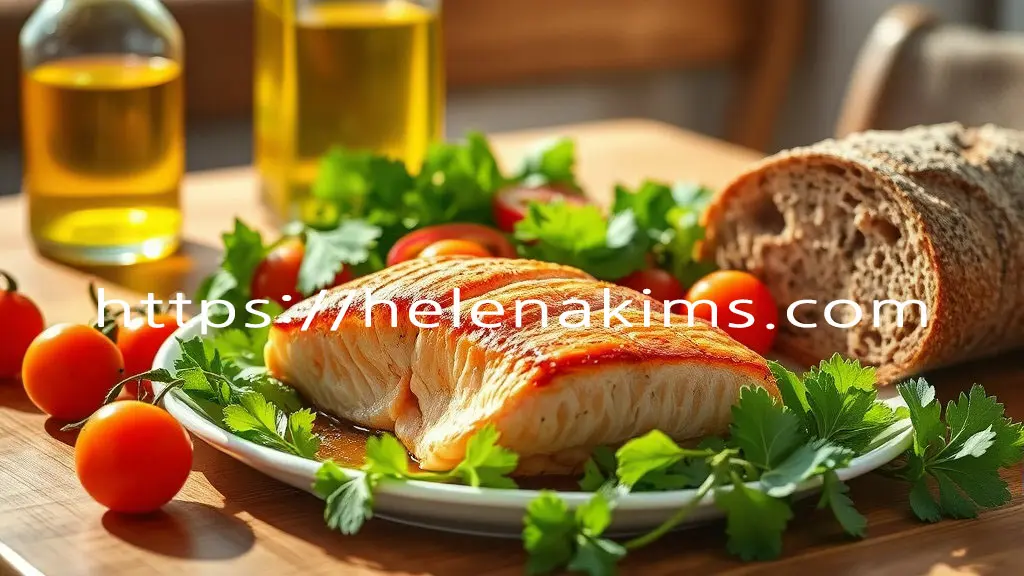 연어 스테이크, 신선한 녹색 채소와 방울토마토 샐러드, 따뜻한 곡물빵 곡물빵 등이 에스트라 버진 올리브 오일과 함께 놓여 있는 모습.