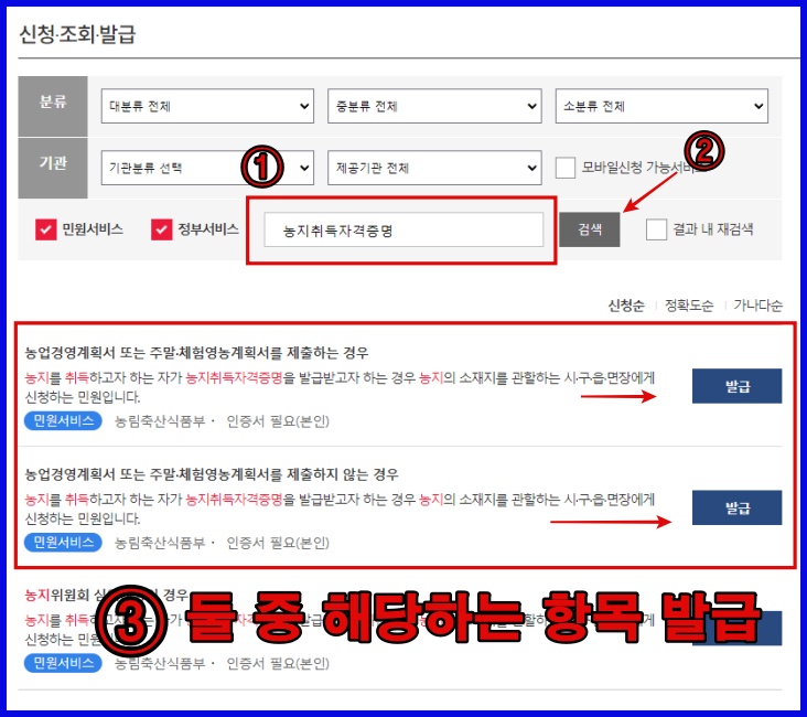 농지취득자격증명서 발급 받는 과정 이미지
