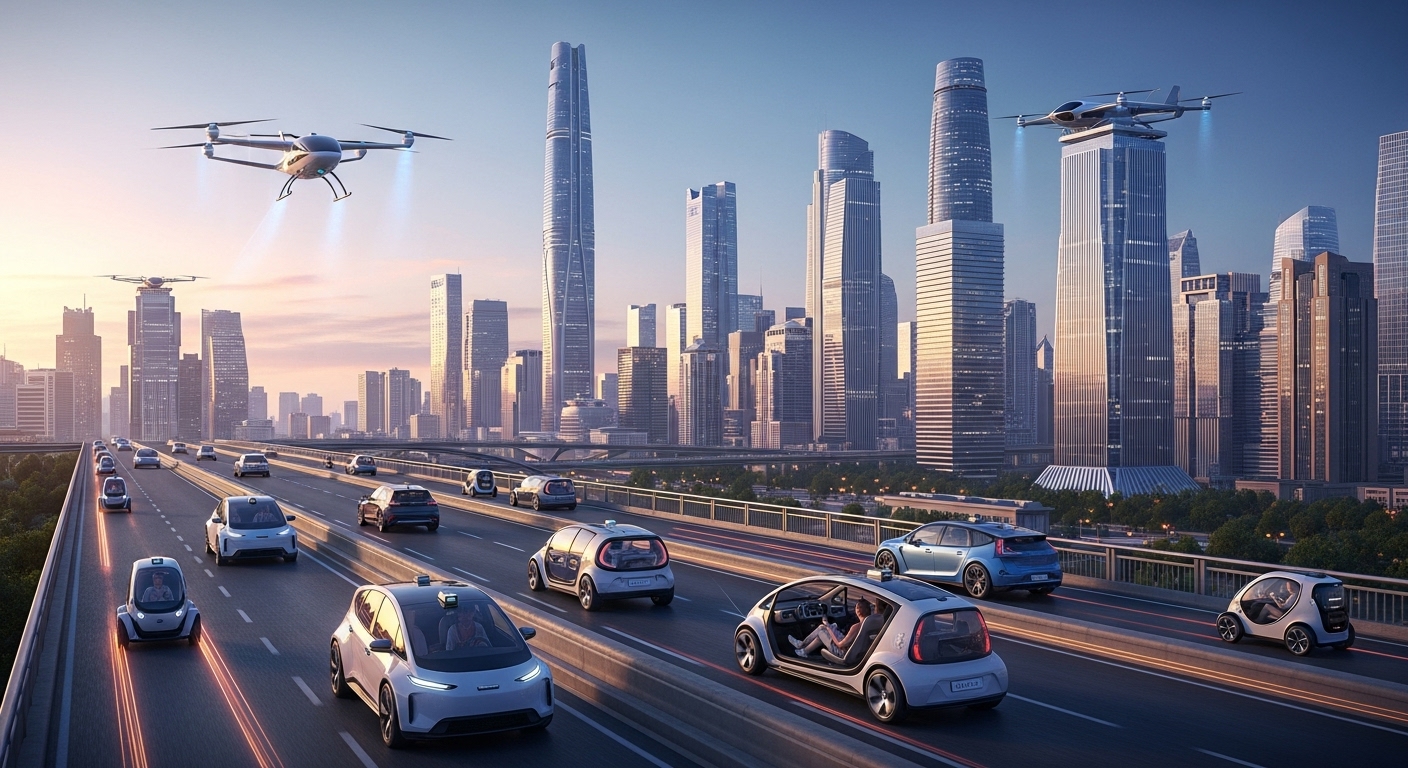 2025년 미래 도시의 아침 출근길 풍경. 자율주행차가 도로를 달리고 UAM 항공기가 이착륙하는 모습이 어우러진 혁신적인 모빌리티 환경.