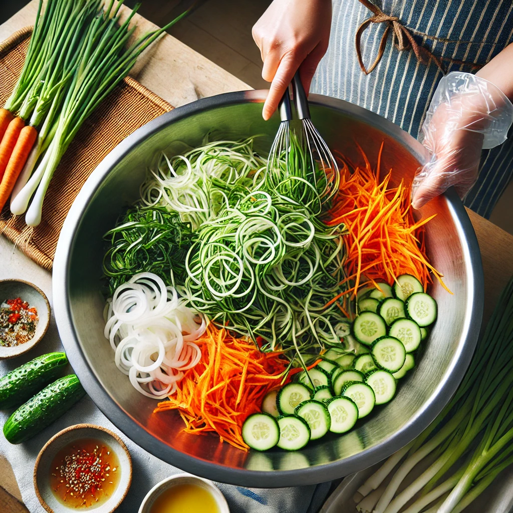 4단계: 채소와 달래 섞기
채썬 채소와 썬 달래를 큰 볼에 넣고 골고루 섞어주세요.