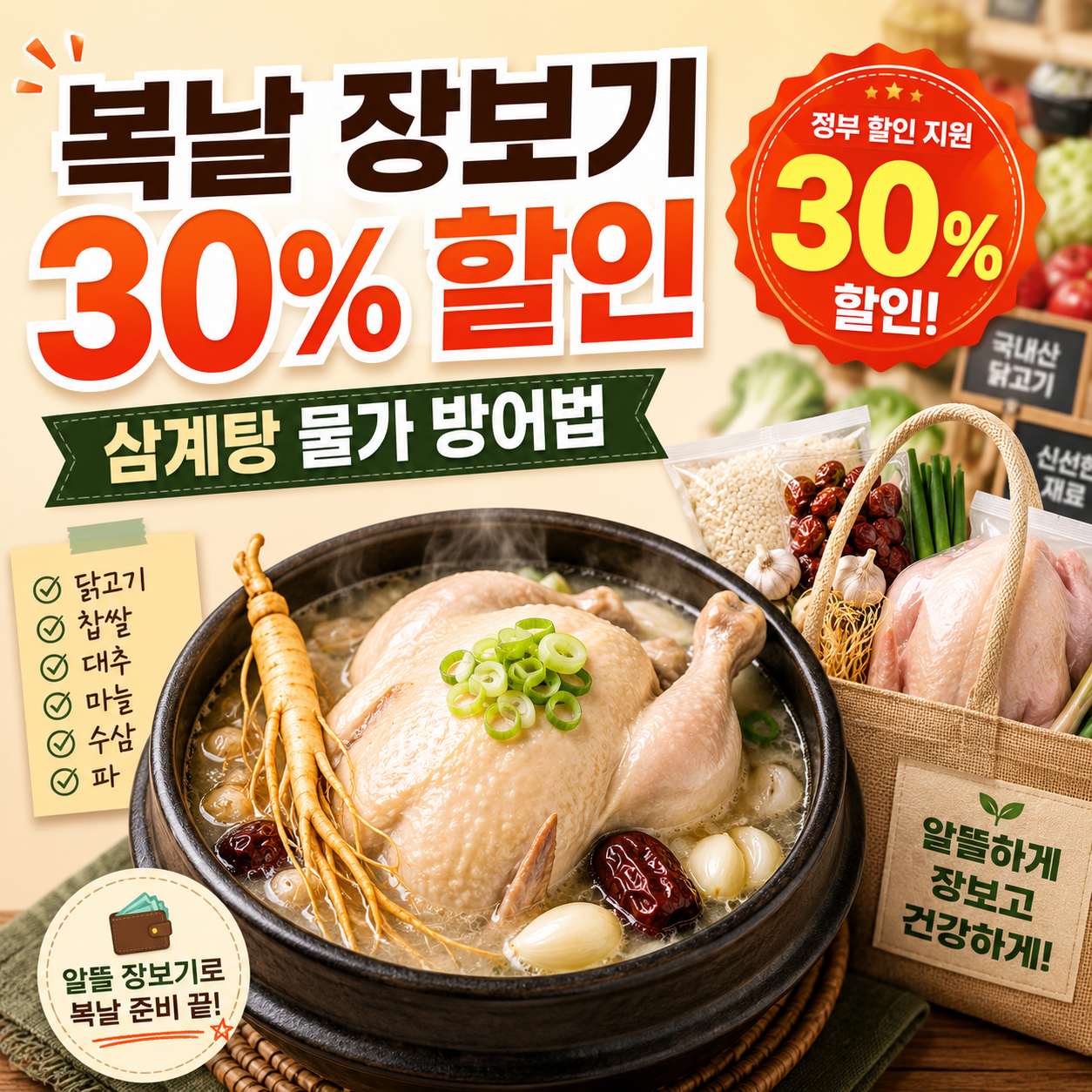 복날 생닭과 찹쌀 마늘 대파 등 삼계탕 재료를 대형마트 20% 전통시장 30% 할인받는 농축산물 할인지원 이용방법