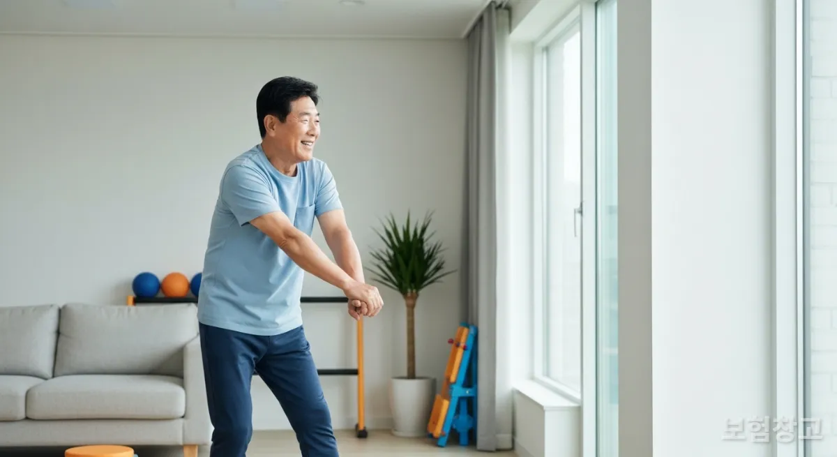 거실에서 스트레칭하는 중년 남성
