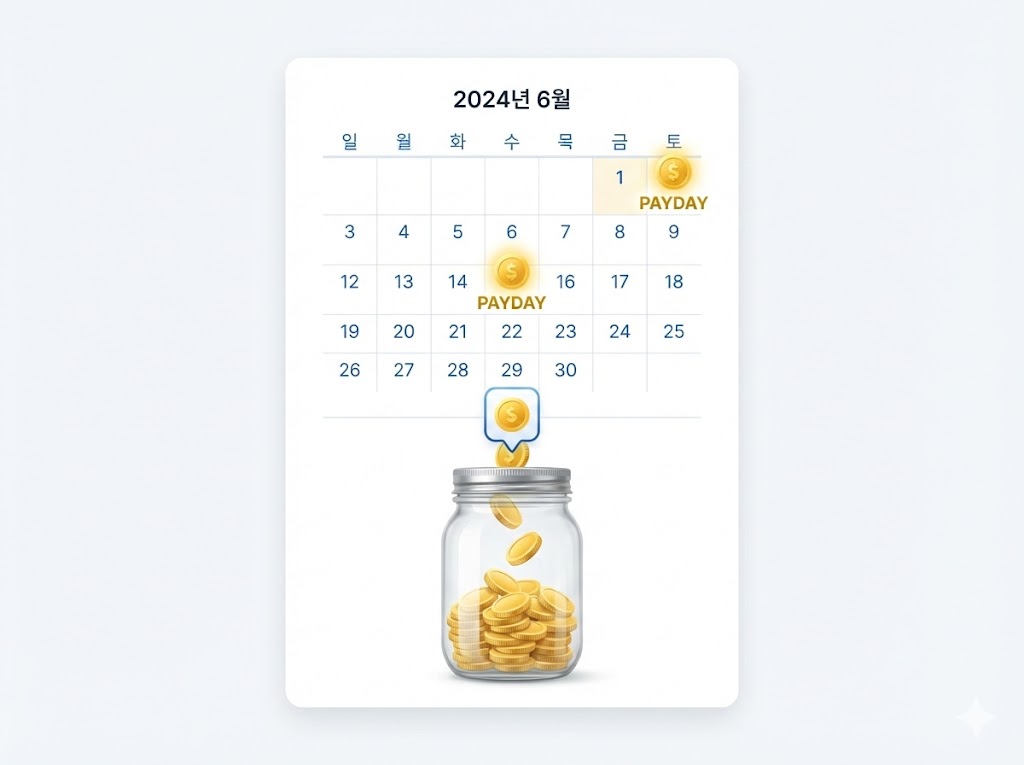 캘린더에 월초와 월중순 두 번 배당금이 들어오는 날짜가 체크되어 있고, 통장 잔고가 채워지는 시각적 효과