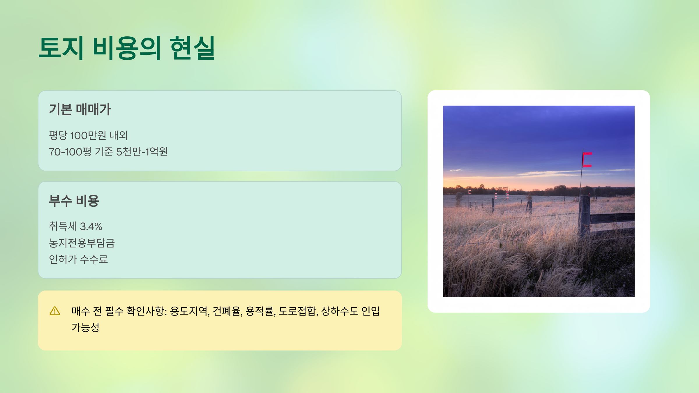 토지 비용 인포그래픽&mdash;평당 100만 원 내외(70~100평, 5천만1억), 취득세 3.4%&middot;농지전용부담금&middot;인허가 수수료, 매수 전 확인사항