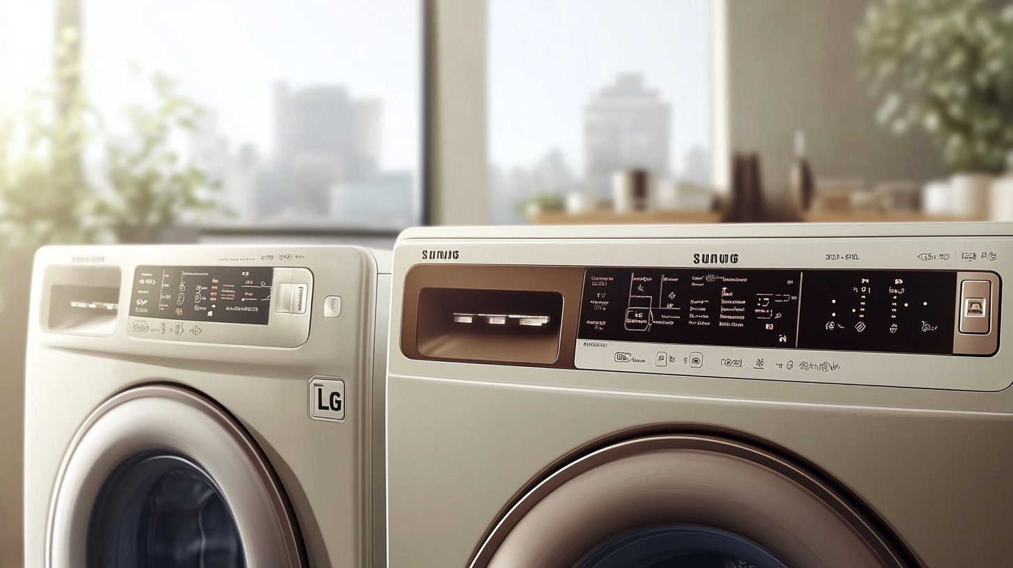 삼성과 LG 세탁기를 나란히 놓고 조작 패널을 비교하는 장면. 세련된 현대적 디자인이 돋보이는 디테일.