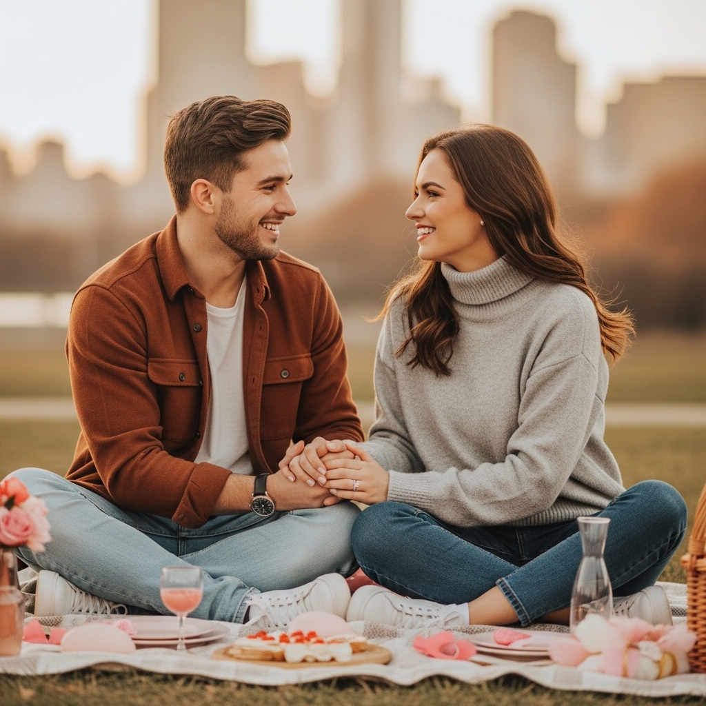 2026년 발렌타인 데이, 20대 대학생 커플이 일몰이 아름다운 한강변에서 피크닉을 즐기며 행복하게 마주 보고 있는 모습