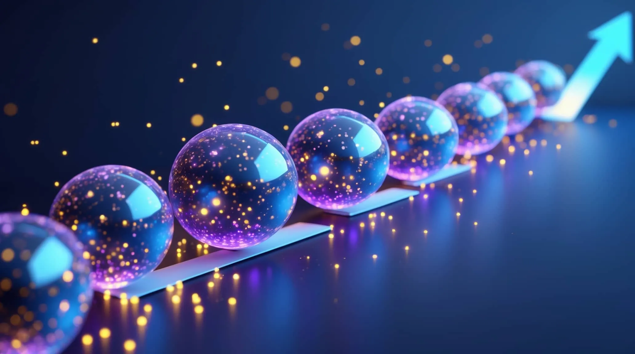 퀀티넘 양자컴퓨팅 투자 성장을 나타내는 3D 시각화 이미지, 반투명 구체들이 상승하는 화살표를 따라 배열된 모습 (3D visualization of Quantinuum quantum computing investment growth with translucent spheres arranged along upward arrow)